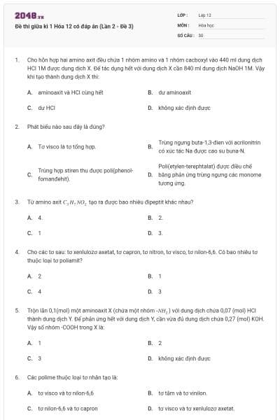 Đề thi giữa kì 1 Hóa 12 có đáp án (Lần 2 - Đề 3)