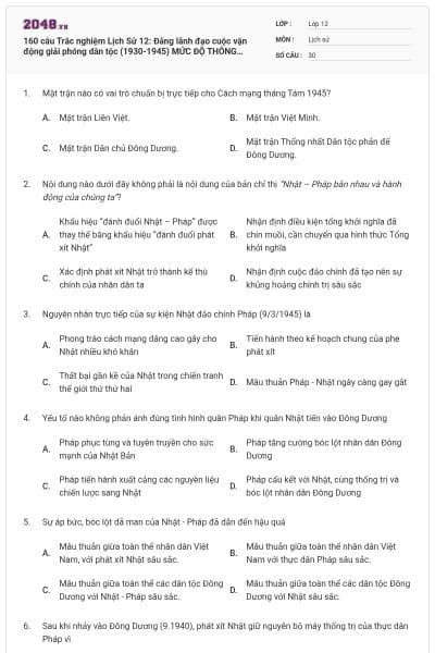 160 câu Trắc nghiệm Lịch Sử 12: Đảng lãnh đạo cuộc vận động giải phóng dân tộc (1930-1945)  MỨC ĐỘ THÔNG HIỂU(P2)