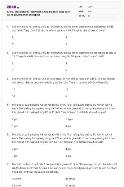 33 câu Trắc nghiệm Toán 9 Bài 6: Giải bài toán bằng cách lập hệ phương trình có đáp án
