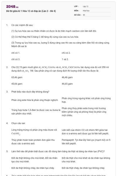 Đề thi giữa kì 1 Hóa 12 có đáp án (Lần 2 - Đề 4)