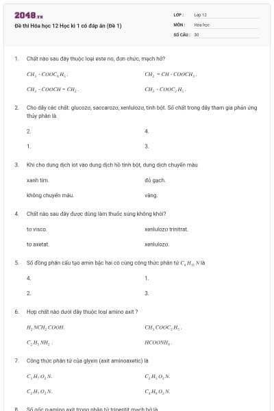 Đề thi Hóa học 12 Học kì 1 có đáp án (Đề 1)