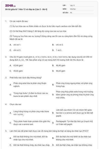 Đề thi giữa kì 1 Hóa 12 có đáp án (Lần 2 - Đề 4)