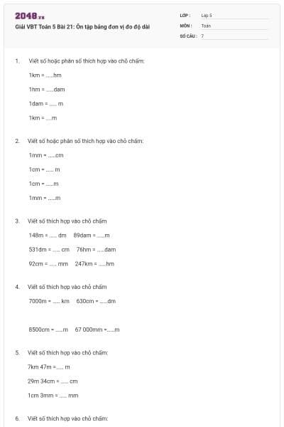 Giải VBT Toán 5 Bài 21: Ôn tập bảng đơn vị đo độ dài