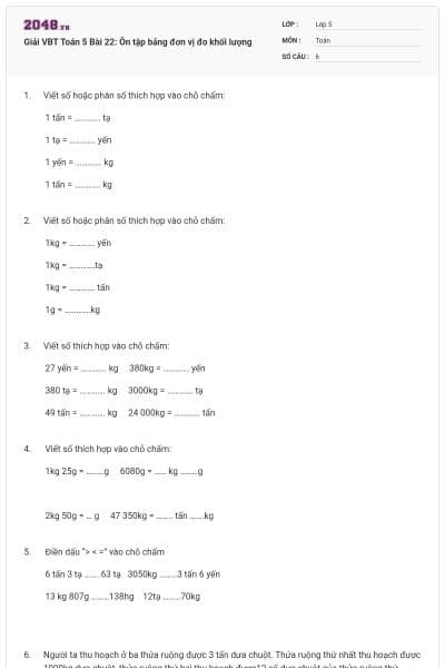 Giải VBT Toán 5 Bài 22: Ôn tập bảng đơn vị đo khối lượng