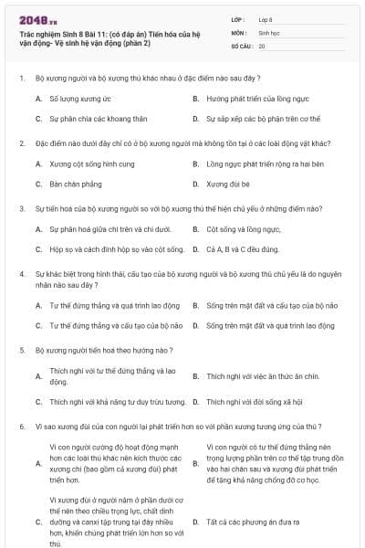 Trắc nghiệm Sinh 8 Bài 11: (có đáp án) Tiến hóa của hệ vận động- Vệ sinh hệ vận động (phần 2)