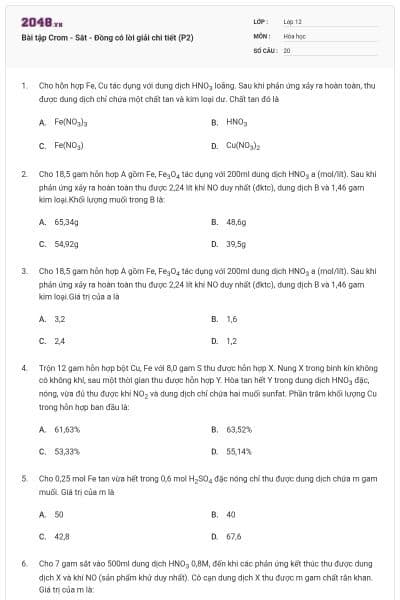 Bài tập Crom - Sắt - Đồng có lời giải chi tiết (P2)