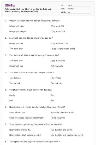 Trắc nghiệm Sinh Học 8 Bài 16: (có đáp án) Tuần hoàn máu và lưu thông bạch huyết (Phần 2)