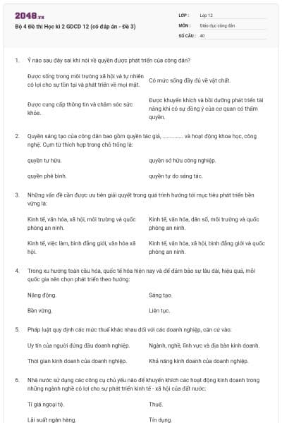 Bộ 4 Đề thi Học kì 2 GDCD 12 (có đáp án - Đề 3)