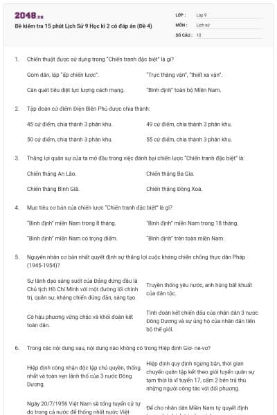 Đề kiểm tra 15 phút Lịch Sử 9 Học kì 2 có đáp án (Đề 4)