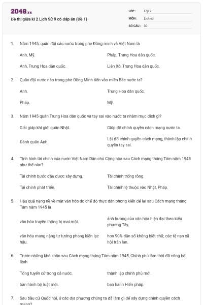 Đề thi giữa kì 2 Lịch Sử 9 có đáp án (Đề 1)