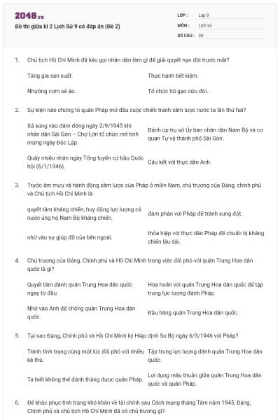 Đề thi giữa kì 2 Lịch Sử 9 có đáp án (Đề 2)