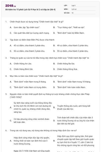Đề kiểm tra 15 phút Lịch Sử 9 Học kì 2 có đáp án (Đề 4)