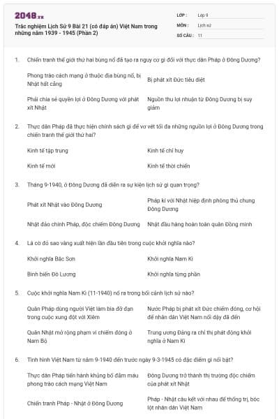 Trắc nghiệm Lịch Sử 9 Bài 21 (có đáp án) Việt Nam trong những năm 1939 - 1945 (Phần 2)