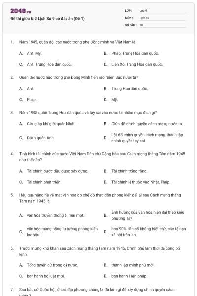 Đề thi giữa kì 2 Lịch Sử 9 có đáp án (Đề 1)