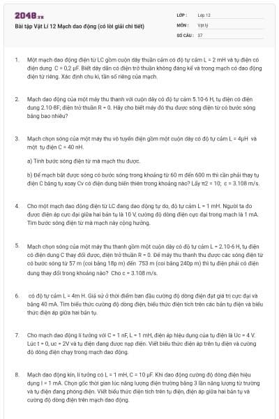 Bài tập Vật Lí 12 Mạch dao động (có lời giải chi tiết)