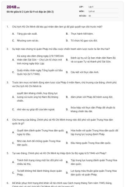 Đề thi giữa kì 2 Lịch Sử 9 có đáp án (Đề 2)