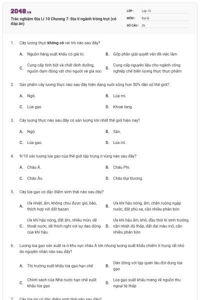 Trắc nghiệm Địa Lí 10 Chương 7: Địa lí ngành trồng trọt (có đáp án)
