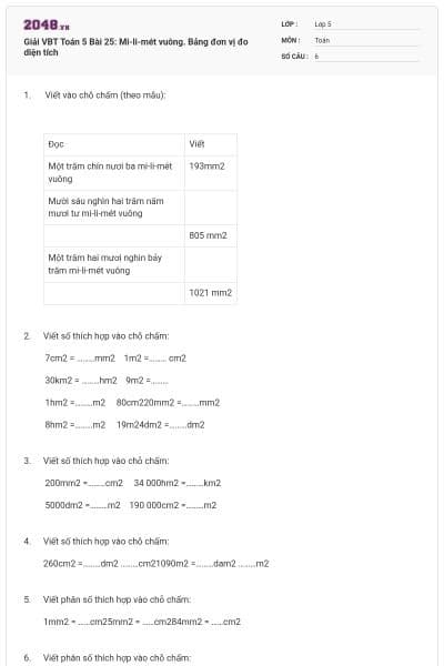 Giải VBT Toán 5 Bài 25: Mi-li-mét vuông. Bảng đơn vị đo diện tích