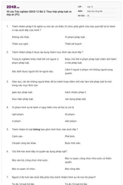 95 câu Trắc nghiệm GDCD 12 Bài 2: Thực hiện pháp luật có đáp án (P2)
