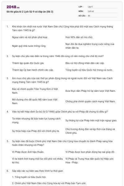 Đề thi giữa kì 2 Lịch Sử 9 có đáp án (Đề 3)