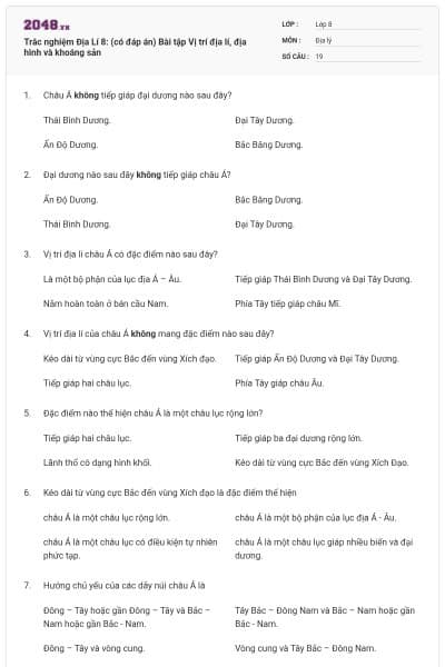 Trắc nghiệm Địa Lí 8: (có đáp án) Bài tập Vị trí địa lí, địa hình và khoáng sản