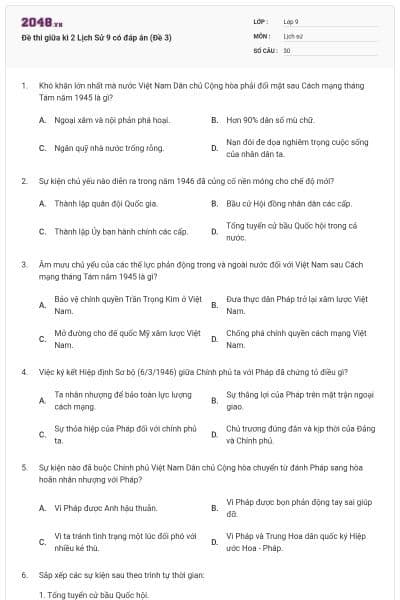 Đề thi giữa kì 2 Lịch Sử 9 có đáp án (Đề 3)
