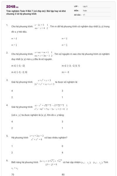 Trắc nghiệm Toán 9 Bài 7 (có đáp án): Bài tập hay và khó chương 3 về hệ phương trình