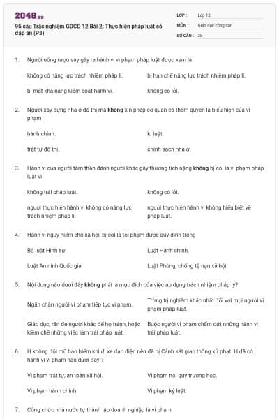 95 câu Trắc nghiệm GDCD 12 Bài 2: Thực hiện pháp luật có đáp án (P3)