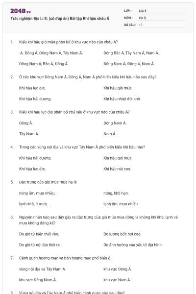 Trắc nghiệm Địa Lí 8: (có đáp án) Bài tập Khí hậu châu Á