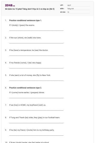 Đề kiểm tra 15 phút Tiếng Anh 9 Học kì 2 có đáp án (Đề 5)