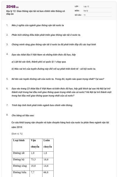 Địa lý 12: Giao thông vận tải và bưu chính viễn thông có đáp án