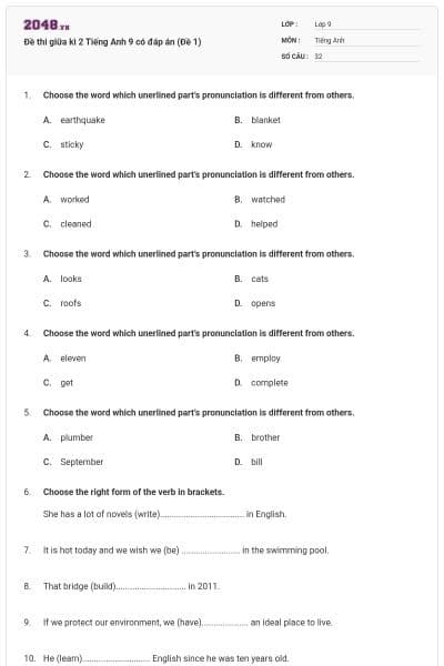 Đề thi giữa kì 2 Tiếng Anh 9 có đáp án (Đề 1)