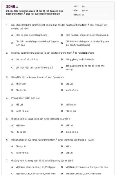 20 câu Trắc nghiệm Lịch sử 11 Bài 16 (có đáp án): Các nước Đông Nam Á giữa hai cuộc chiến tranh thế giới