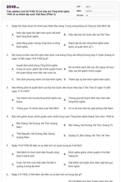 Trắc nghiệm Lịch Sử 9 Bài 23 (có đáp án) Tổng khởi nghĩa 1945 và sự thành lập nước Việt Nam (Phần 2)