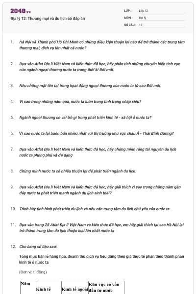 Địa lý 12: Thương mại và du lịch có đáp án