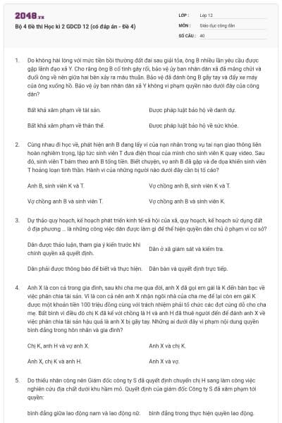 Bộ 4 Đề thi Học kì 2 GDCD 12 (có đáp án - Đề 4)