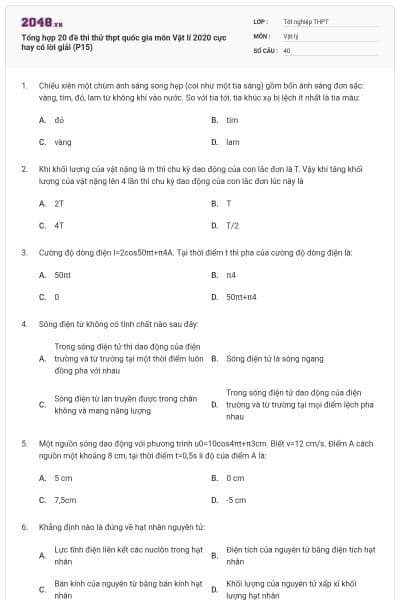Tổng hợp 20 đề thi thử thpt quốc gia môn Vật lí 2020 cực hay có lời giải (P15)