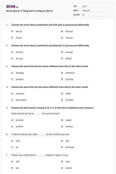 Đề thi giữa kì 2 Tiếng Anh 9 có đáp án (Đề 2)