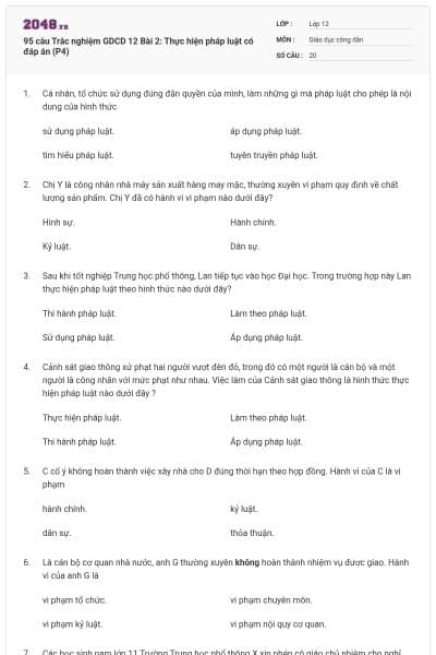 95 câu Trắc nghiệm GDCD 12 Bài 2: Thực hiện pháp luật có đáp án (P4)