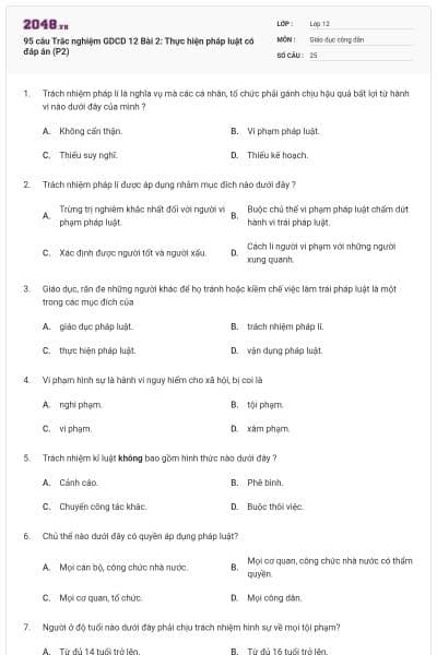 95 câu Trắc nghiệm GDCD 12 Bài 2: Thực hiện pháp luật có đáp án (P2)