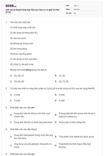 635 câu lý thuyết tổng hợp Hóa học hữu cơ có giải chi tiết (P13)