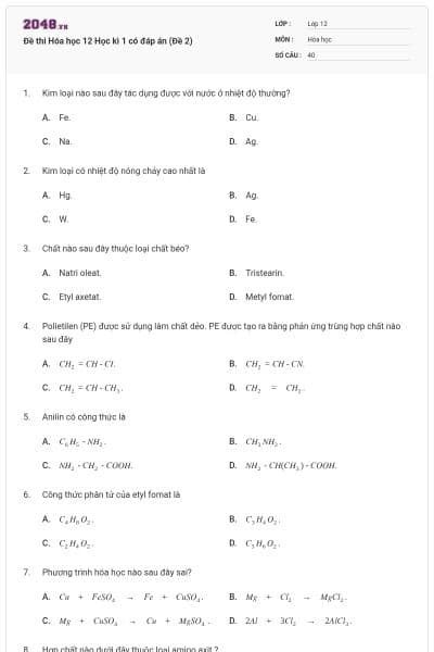 Đề thi Hóa học 12 Học kì 1 có đáp án (Đề 2)