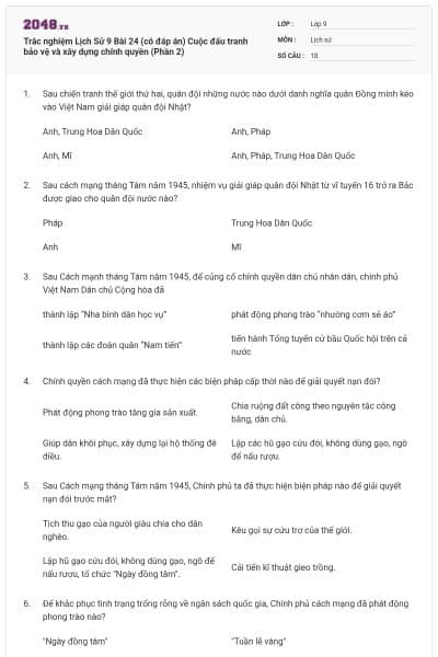 Trắc nghiệm Lịch Sử 9 Bài 24 (có đáp án) Cuộc đấu tranh bảo vệ và xây dựng chính quyền (Phần 2)