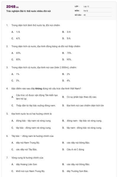 Trắc nghiệm Bài 6: Đất nước nhiều đồi núi