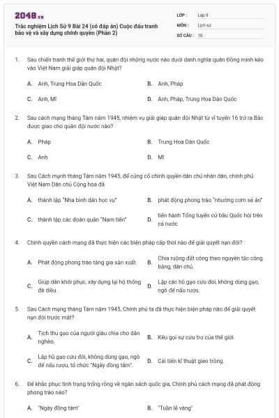 Trắc nghiệm Lịch Sử 9 Bài 24 (có đáp án) Cuộc đấu tranh bảo vệ và xây dựng chính quyền (Phần 2)