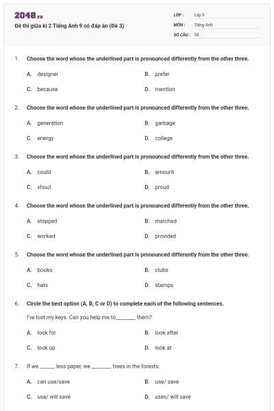 Đề thi giữa kì 2 Tiếng Anh 9 có đáp án (Đề 3)