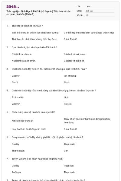 Trắc nghiệm Sinh Học 8 Bài 24:(có đáp án) Tiêu hóa và các cơ quan tiêu hóa (Phần 2)