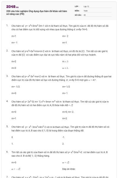 200 câu trắc nghiệm Ứng dụng đạo hàm để khảo sát hàm số nâng cao (P8)