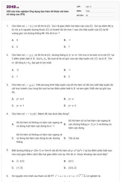 200 câu trắc nghiệm Ứng dụng đạo hàm để khảo sát hàm số nâng cao (P6)