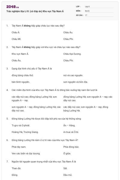 Trắc nghiệm Địa Lí 8: (có đáp án) Khu vực Tây Nam Á
